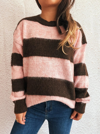 Striped Contrast Long Sleeve Sweater - Tigbul's Variety Fashion Shop