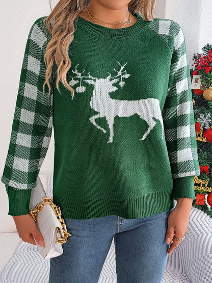 Reindeer Plaid Round Neck Long Sleeve Sweater - Tigbul's Variety Fashion Shop