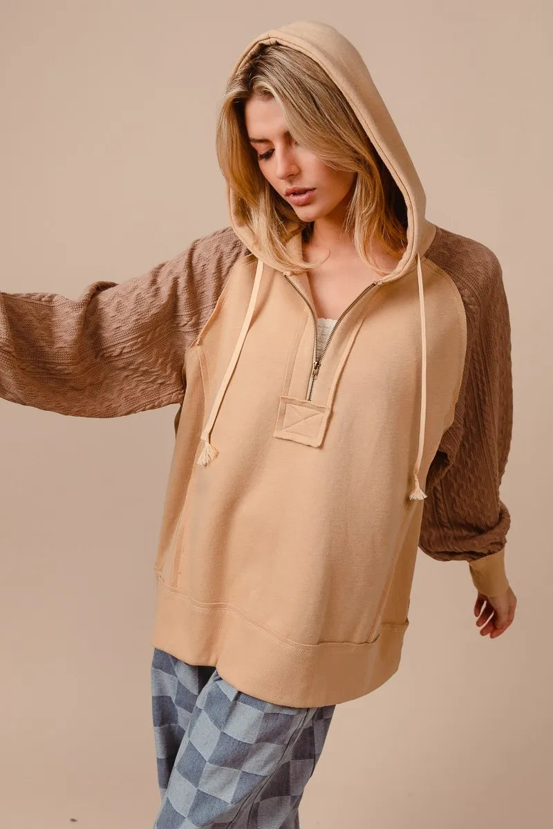 BiBi Half Zip French Terry Hoodie with Kint Sleeves - Tigbul's Variety Fashion Shop