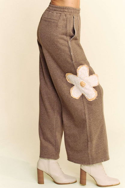 Brown Flower Patch Elastic Waist Wide Leg Pants - Tigbul's Variety Fashion Shop