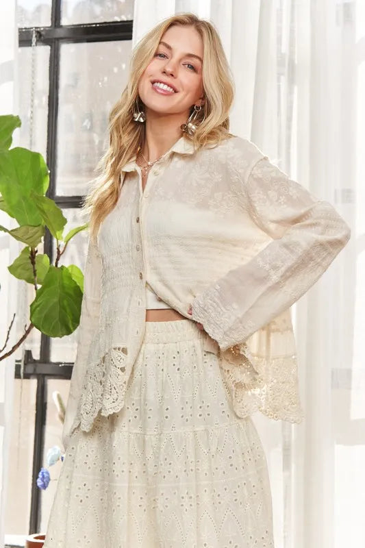 Beige Crochet Lace Long Sleeves Button Down Shirt - Tigbul's Variety Fashion Shop