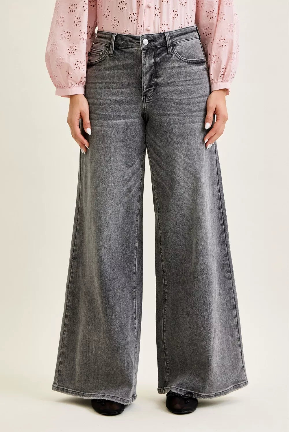 Gray mid-rise palazzo jeans with button front and wide split-back yoke detail