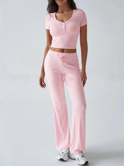 Casual Ribbed Short Sleeve Top and Pants Set - Tigbul's Variety Fashion Shop