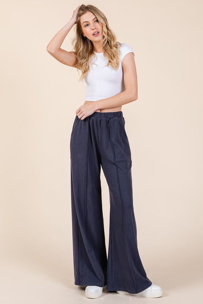 BOMBOM Elastic Waist Wide Leg Pants with Pockets - Tigbul's Variety Fashion Shop