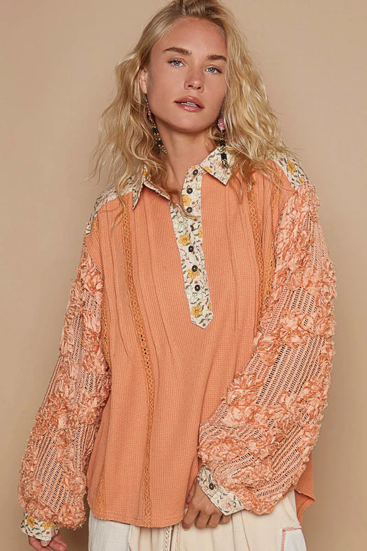 POL Floral Half Button Lace Detail Long Sleeve Top - Tigbul's Variety Fashion Shop