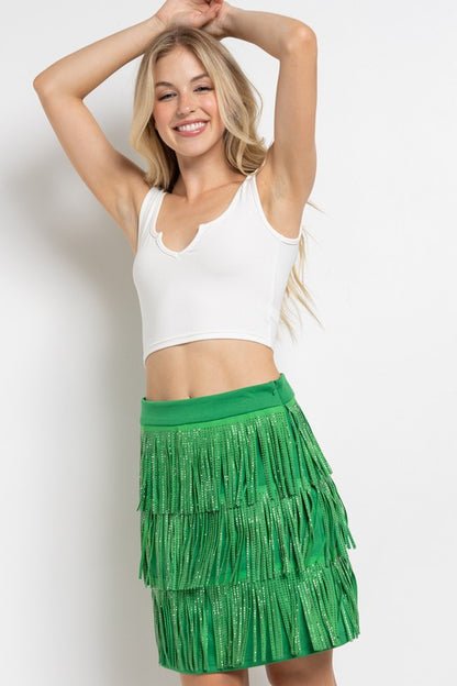 RHINESTONE SUEDE FRINGE SKIRT - Tigbul's Variety Fashion Shop