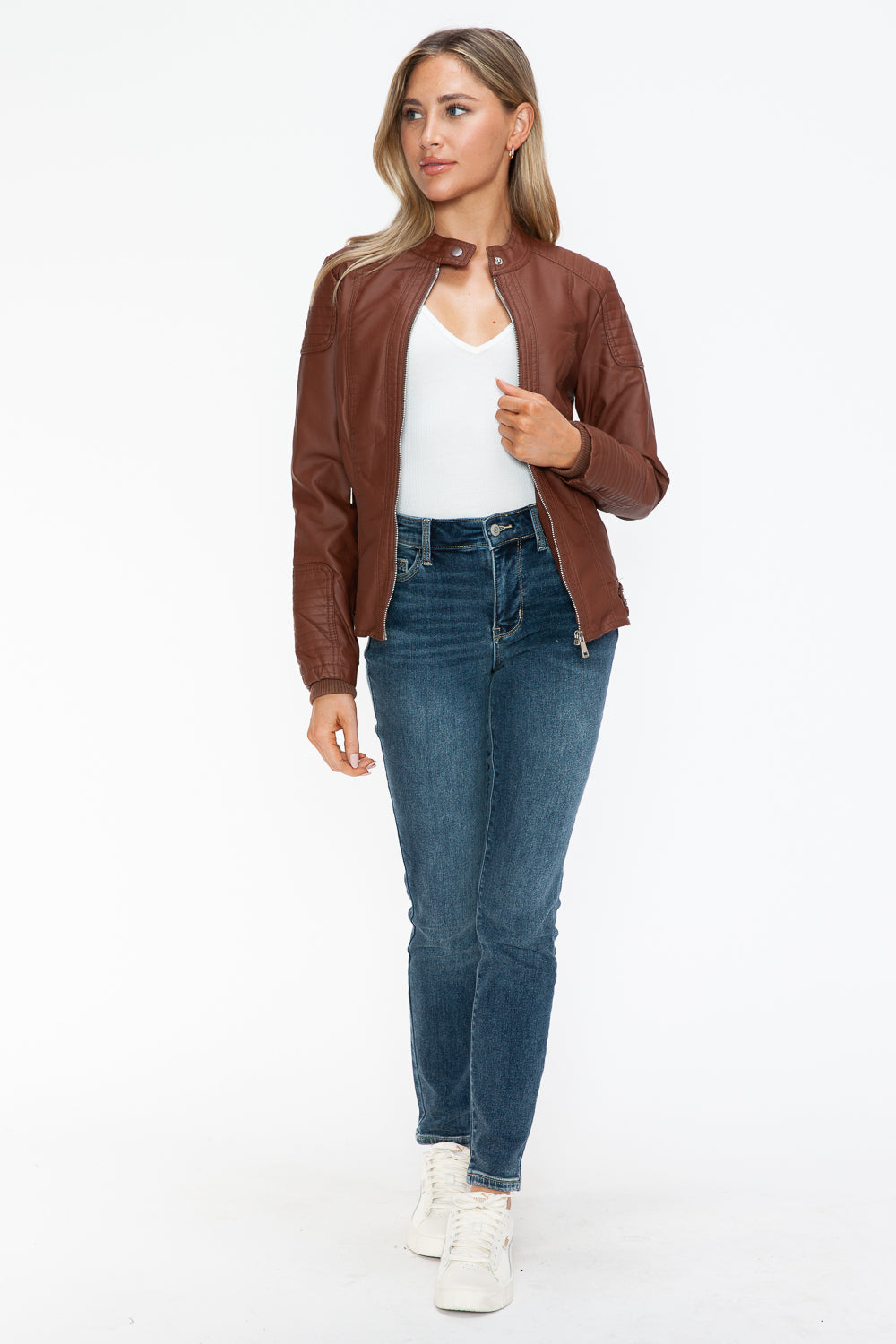 Brown Faux Leather Biker Jacket with Side Zip Pockets