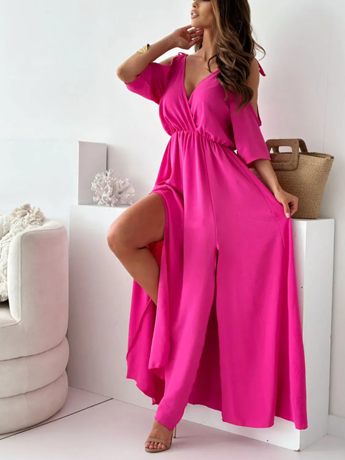 Tied Shoulder Slit Maxi Dress - Tigbul's Variety Fashion Shop