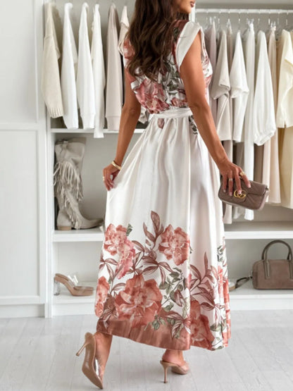 Tie Waist Floral Cap Sleeve Dress - Tigbul's Variety Fashion Shop