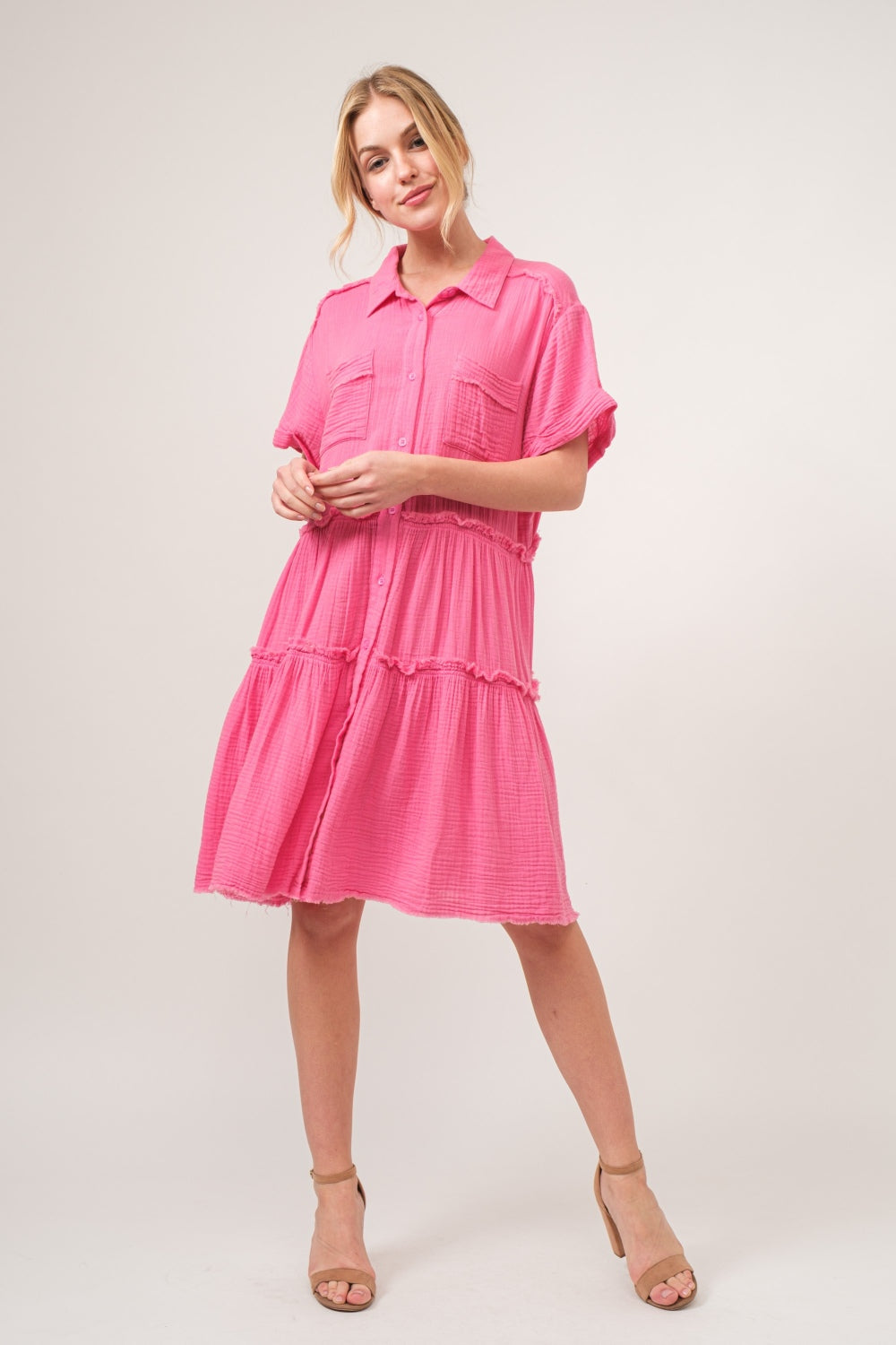 And The Why Full Size Raw Edge Washed Tiered Shirt Dress - Tigbul's Variety Fashion Shop