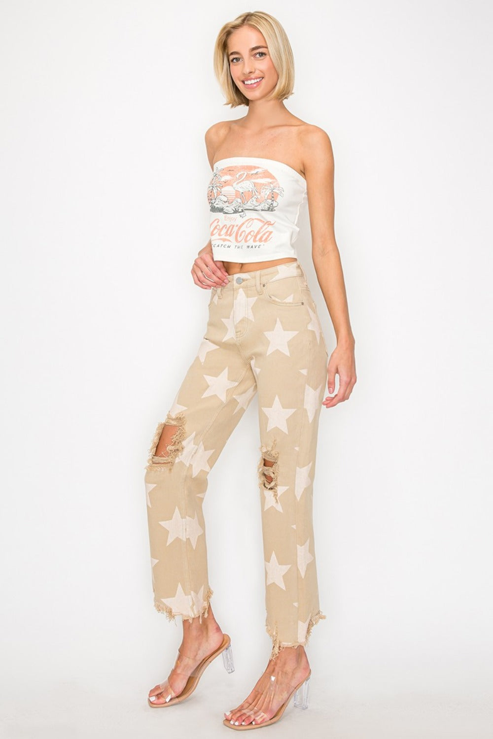 RISEN Full Size High Rise Star Printed Frayed Hem Jeans - Tigbul's Variety Fashion Shop