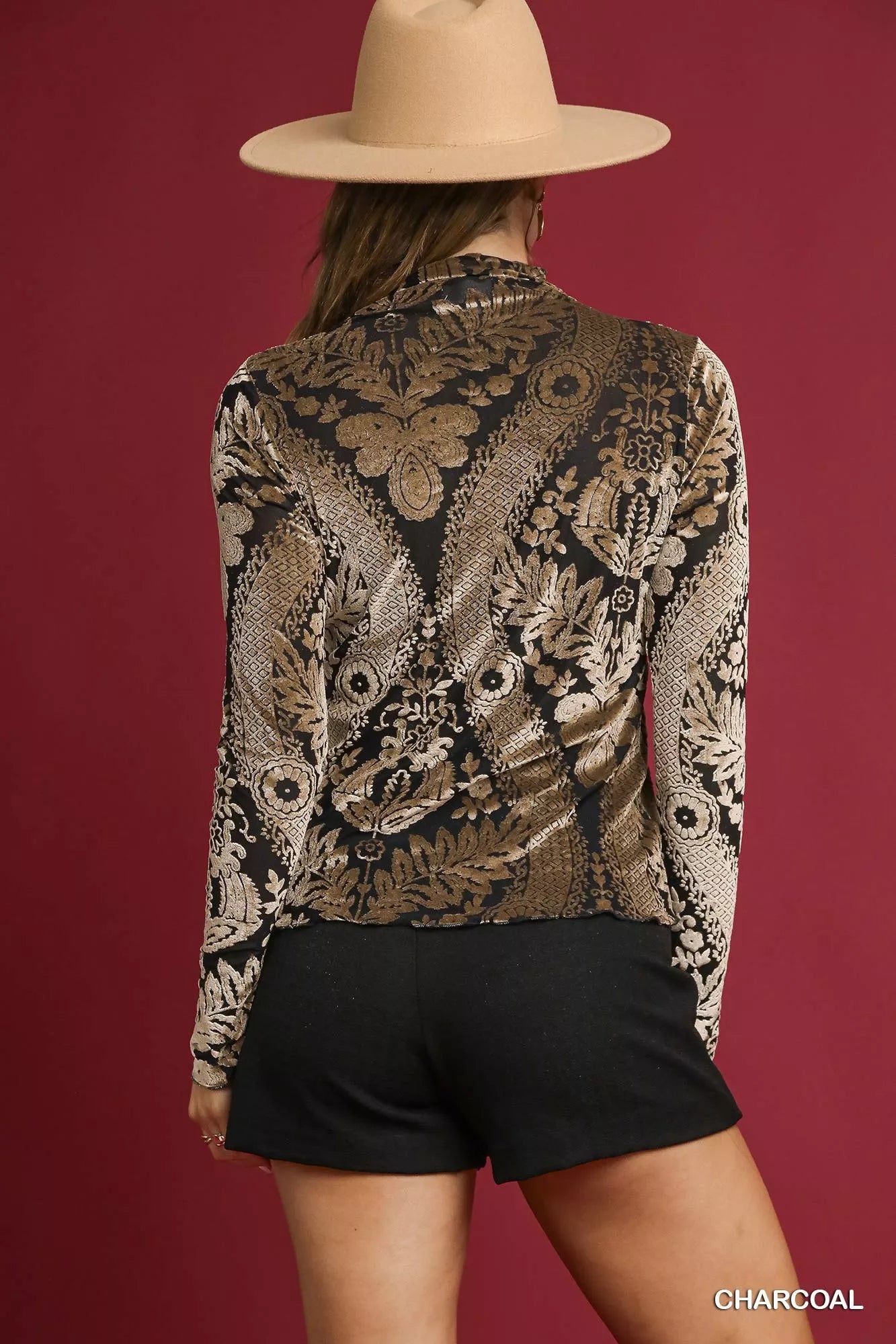 Umgee Damask Print Velvet Burnout Top - Tigbul's Variety Fashion Shop