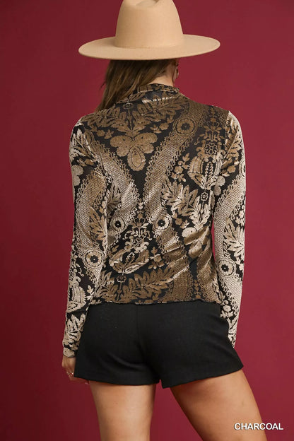 Umgee Damask Print Velvet Burnout Top - Tigbul's Variety Fashion Shop