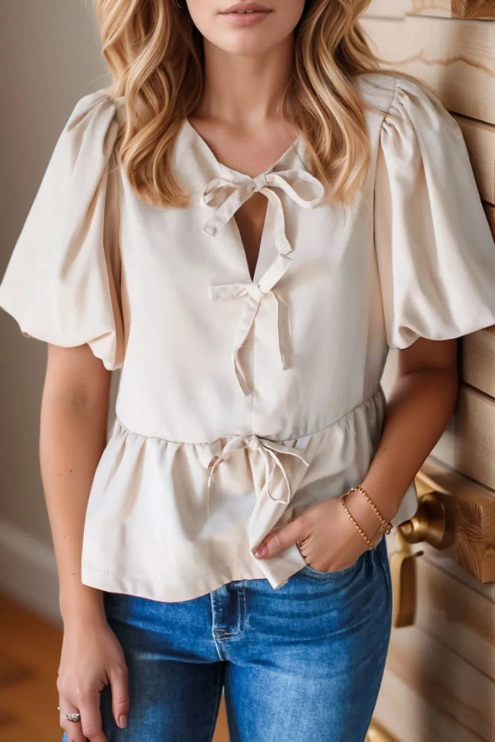 Bow Tie Short Puff Sleeve Ruffle Hem Blouse - Tigbul's Variety Fashion Shop
