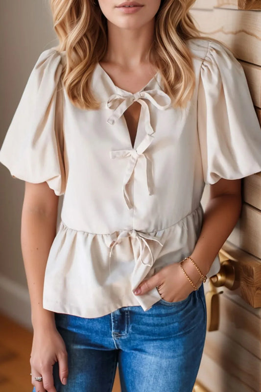 Bow Tie Short Puff Sleeve Ruffle Hem Blouse - Tigbul's Variety Fashion Shop