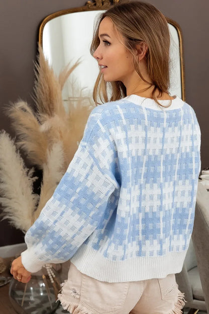 BiBi Hashtag Grid Textured V-Neck Sweater - Tigbul's Variety Fashion Shop