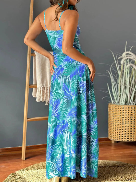 Tropical Print V-Neck Maxi Dress - Tigbul's Variety Fashion Shop