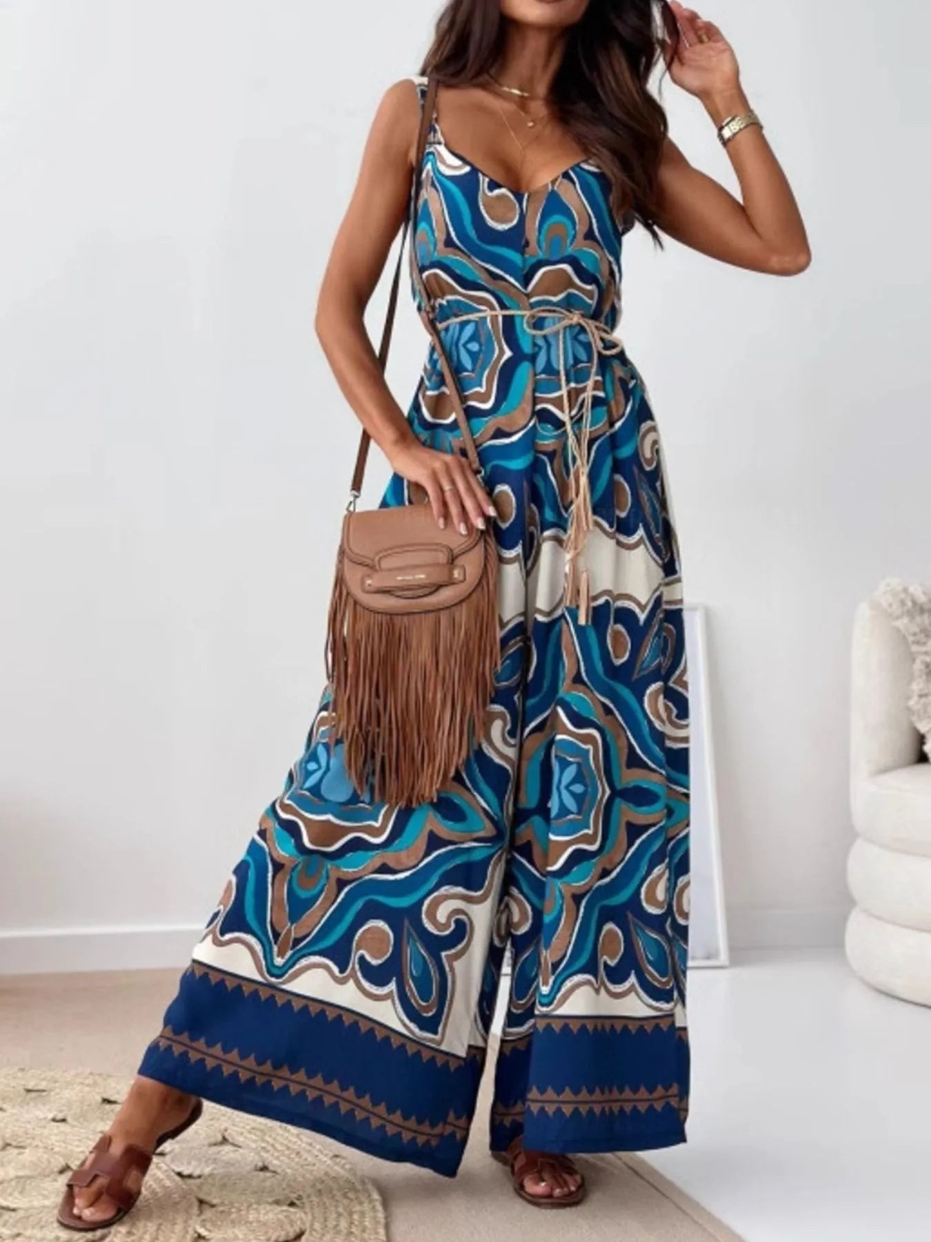 Paisley Print Spaghetti Strap Wide Leg Jumpsuit - Tigbul's Variety Fashion Shop