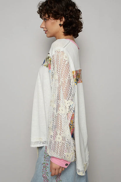 POL Button Detail Floral Patchwork Crochet Sleeve Blouse - Tigbul's Variety Fashion Shop