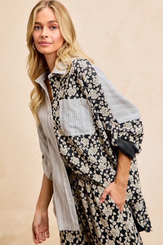 Mixshirt mit langen Ärmeln: graue Streifen auf Ärmeln und Schultern, schwarzer Blumenprint