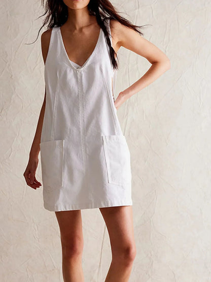 Oversized V-Neck Denim Tank Dress with Front Pockets - Tigbul's Variety Fashion Shop