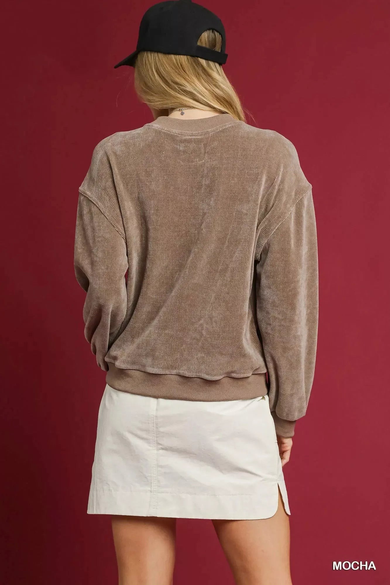 Umgee Velour Crewneck Balloon Sleeve Sweatshirt - Tigbul's Variety Fashion Shop