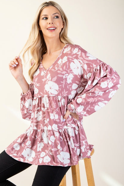 Celeste Full Size Tiered Floral V-Neck Long Sleeve Blouse - Tigbul's Variety Fashion Shop