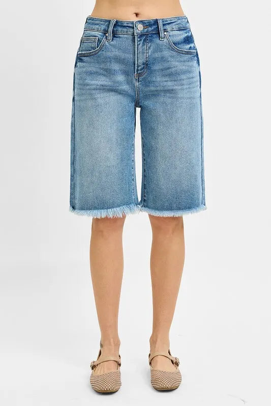RISEN Tummy Control Mid Rise Fit Bermuda Denim Shorts - Tigbul's Variety Fashion Shop