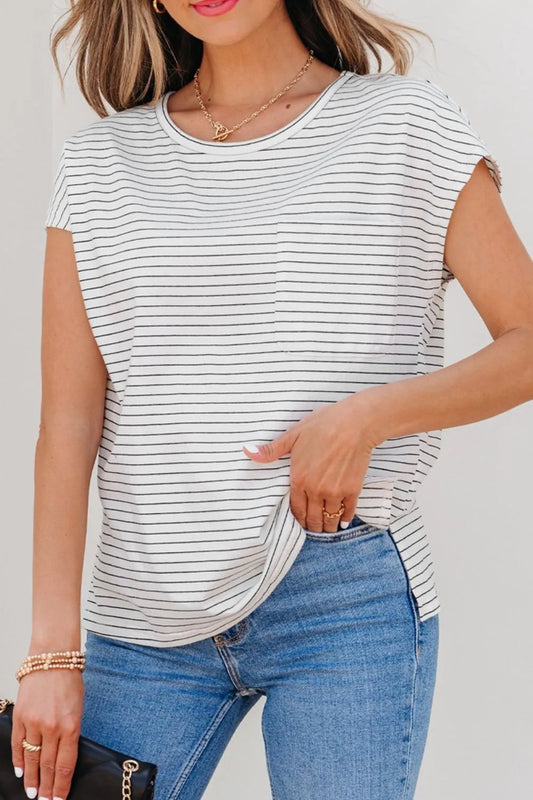 Stripe Cap Sleeve Crew Neck Casual Tee with Chest Pocket - Tigbul's Variety Fashion Shop
