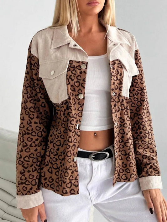 Leopard Long Sleeve Jacket with Chest Pockets - Tigbul's Variety Fashion Shop