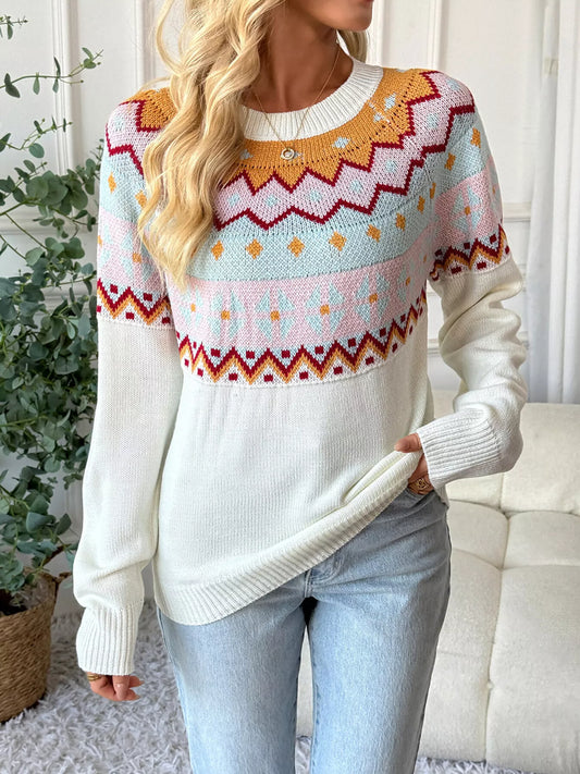 Contrast Round Neck Long Sleeve Sweater - Tigbul's Variety Fashion Shop
