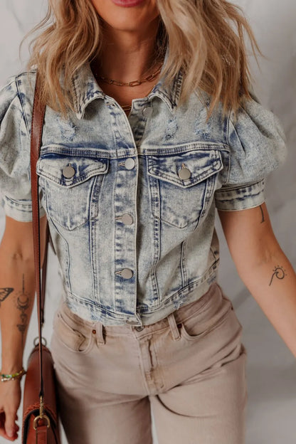 Wash Buttoned Chest Pocket Puff Sleeve Denim Jacket - Tigbul's Variety Fashion Shop