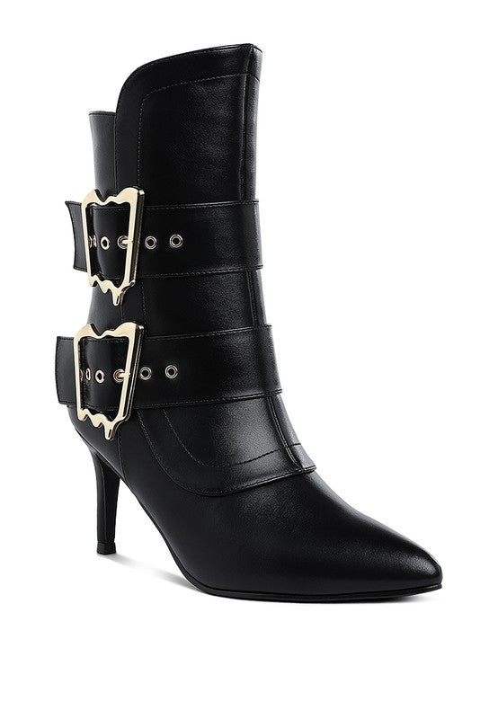 Black chunky buckle-strap ankle boots with gold-tone buckles and high heel