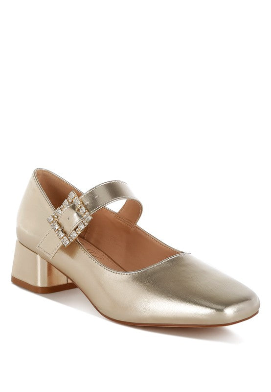 Abeba Diamante Brooch Metallic Square Toe Mary Jane Pumps - Tigbul's Variety Fashion Shop