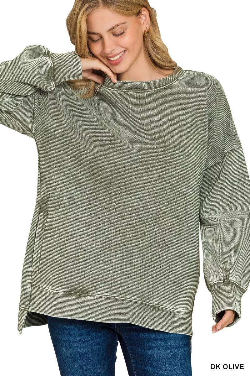 Zenana Full Size Acid Washed Double Ribbed Hi-low Sweatshirt Plus Size - Tigbul's Variety Fashion Shop