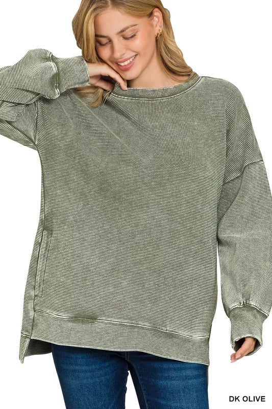 Zenana Full Size Acid Washed Double Ribbed Hi-low Sweatshirt Plus Size - Tigbul's Variety Fashion Shop
