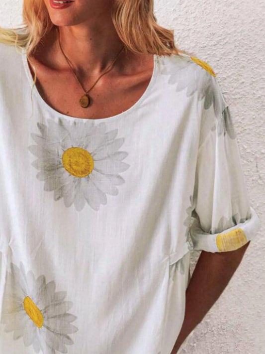 Full Size Flower Round Neck Half Sleeve T-Shirt Plus Size - Tigbul's Variety Fashion Shop