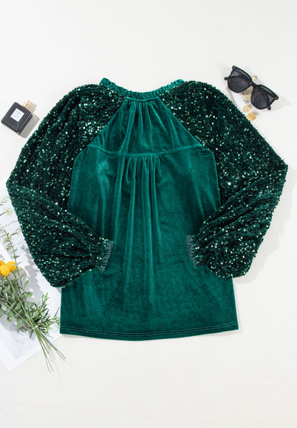 Sequin Notched Long Sleeve Blouse - Tigbul's Variety Fashion Shop