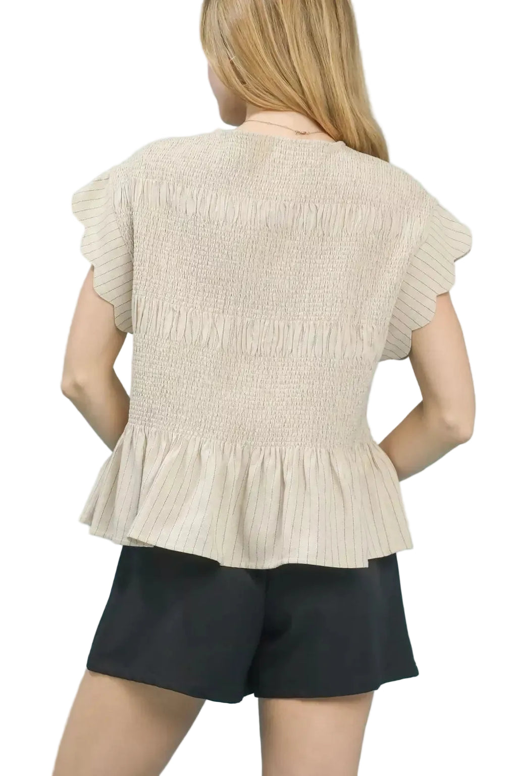 Back view: oatmeal pinstripe smocked peplum top with tiered ruffle hem