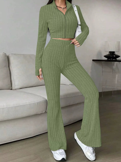Ribbed Knit Crop Top and Flare Pants Set - Tigbul's Variety Fashion Shop
