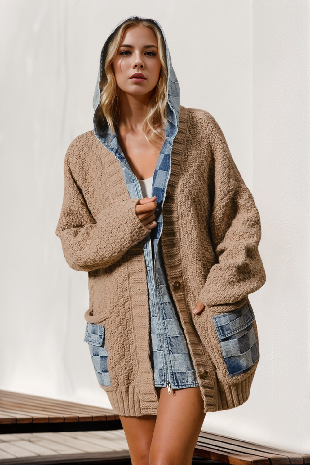 Double Take Full Size Hooded Denim Spliced Sweater Cardigan - Tigbul's Variety Fashion Shop