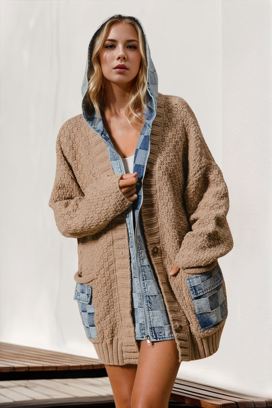 Double Take Full Size Hooded Denim Spliced Sweater Cardigan - Tigbul's Variety Fashion Shop