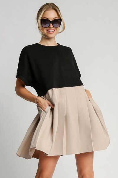 Black Round Neck Pleated Dress with Side Pockets - Tigbul's Variety Fashion Shop