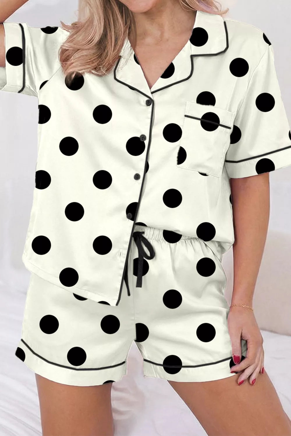 Polka Dot Button Up Top and Shorts Lounge Set - Tigbul's Variety Fashion Shop