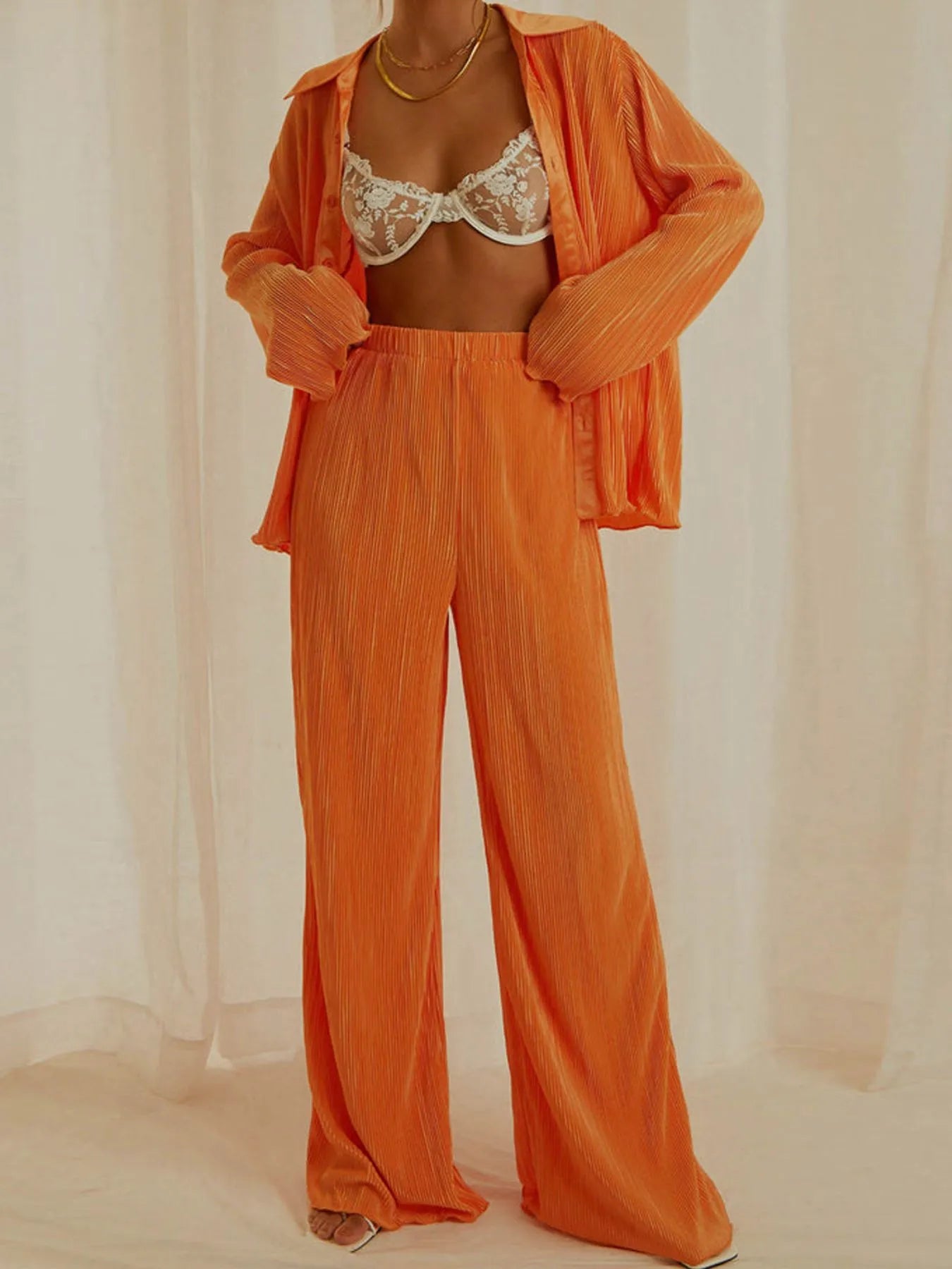 Button Up Long Sleeve Top and Pants Set - Tigbul's Variety Fashion Shop