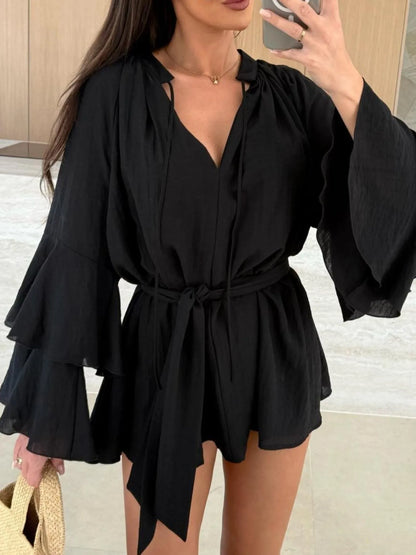 Bell Sleeve Tie Waist Mini Shirt Dress - Tigbul's Variety Fashion Shop