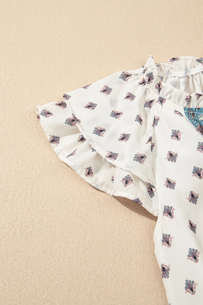 Pattern Tiered Ruffled Sleeve V Neck Buttoned White Blouse - Tigbul's Variety Fashion Shop
