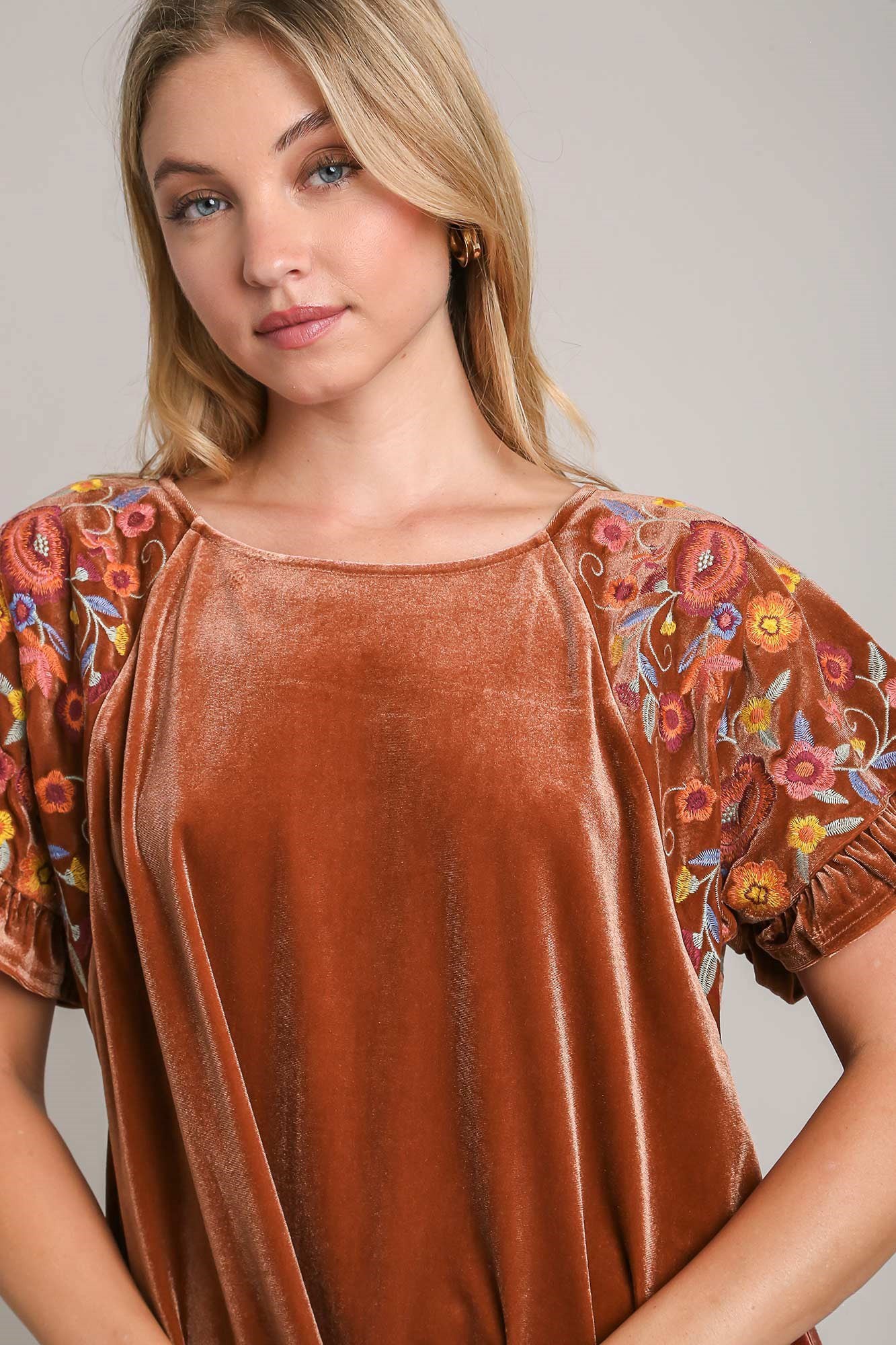 Umgee Velvet Embroidery Short Sleeve Blouse - Tigbul's Variety Fashion Shop