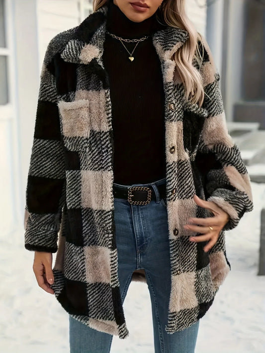 Button Down Collared Neck Plaid Teddy Coat with Pockets - Tigbul's Variety Fashion Shop