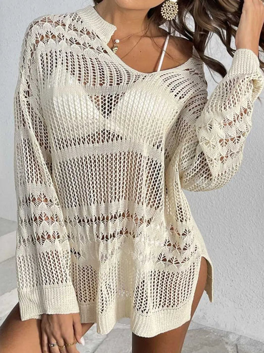 Openwork Notched Long Sleeve Knit Cover Up - Tigbul's Variety Fashion Shop